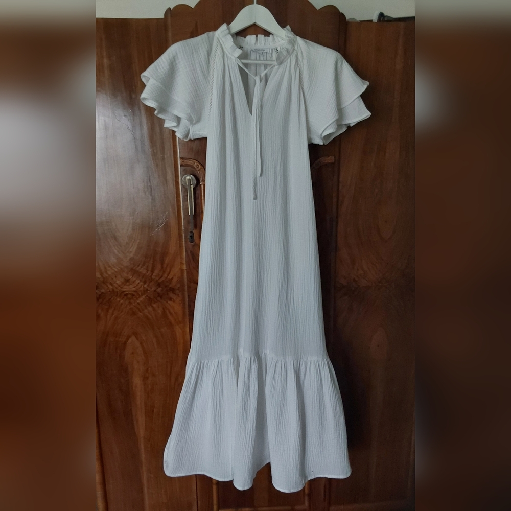 CHICO'S WHITE COTTON FLUTTER SLEEVE MAXI DRESS M